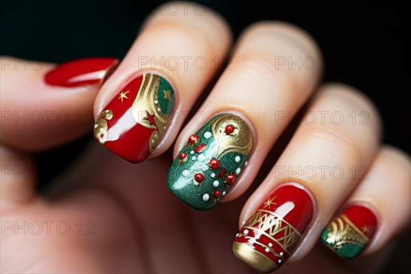 Close up of woman's fingernials with red, green and golden Christmas nail art design. KI generiert, generiert, AI generated