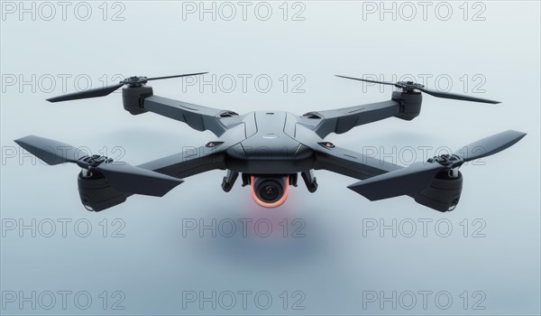 Futuristic drone with glowing red light hovers against a dark background, exuding modern technology, ai generated, AI generated