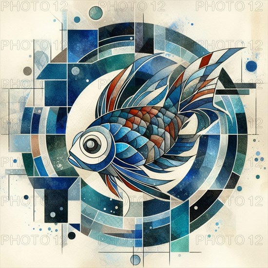 Harmonious abstract watercolor of a fish with geometric circles in cool colors, square aspect, AI generated