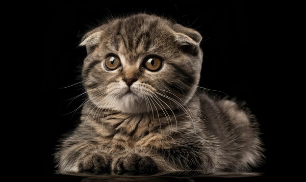 Close-up of a grey kitten with an intense and curious gaze, set against a dark background AI generated
