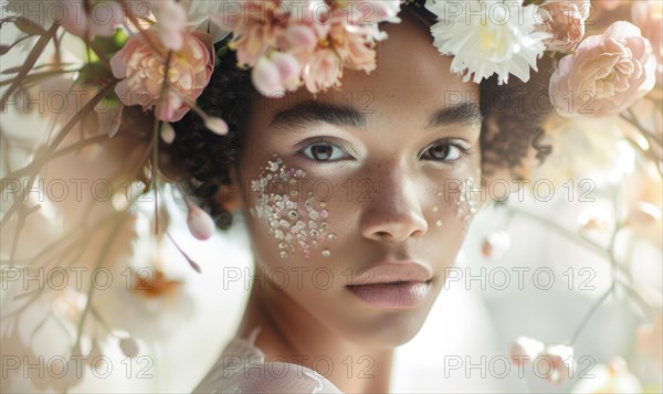 Portrait of a young woman with floral decorations and artistic makeup AI generated
