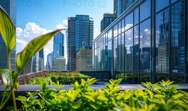 Urban oasis with lush greenery in front of modern glass skyscrapers under a blue sky AI generated