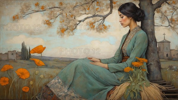 Painting of A serene woman sits under a tree with orange flowers, a church in the distance, AI generated