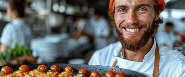 A happy chef with an orange beanie in a busy kitchen serving pasta dish with cherry tomatoes, AI generated