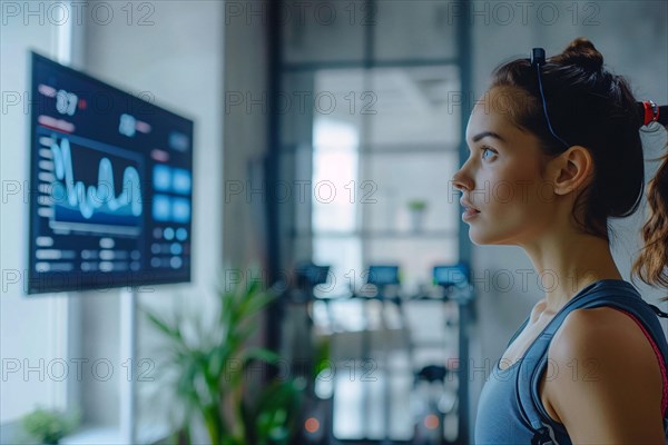Fit woman reviewing her health data on an interactive wall-mounted display, AI generated