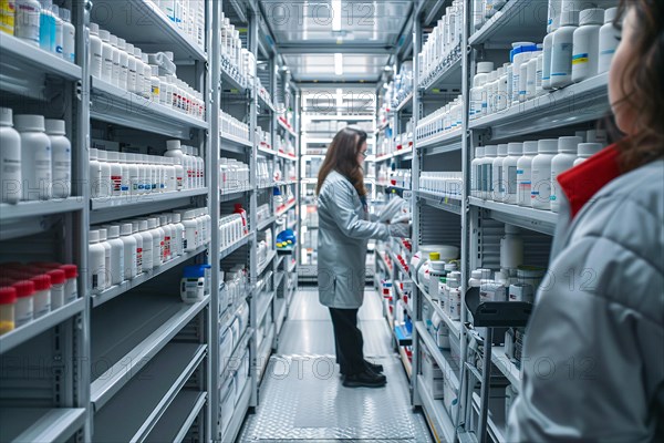 Professional pharmacist searching for medication in an organized pharmacy storage room, AI generated
