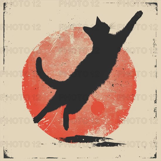 Silhouette of a cat against a minimalistic red circular background, grunge style, t-shirt design, AI generated
