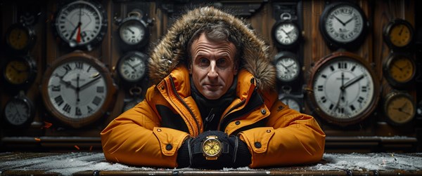 French Man in orange jacket surrounded by vintage clocks displaying introspective mood, AI generated