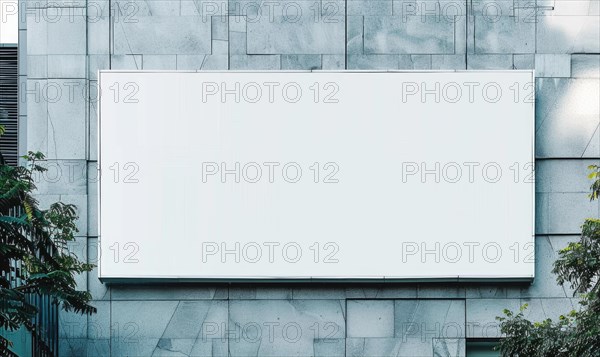 Blank screen banner mockup displayed on the modern building facade. Close Up view AI generated