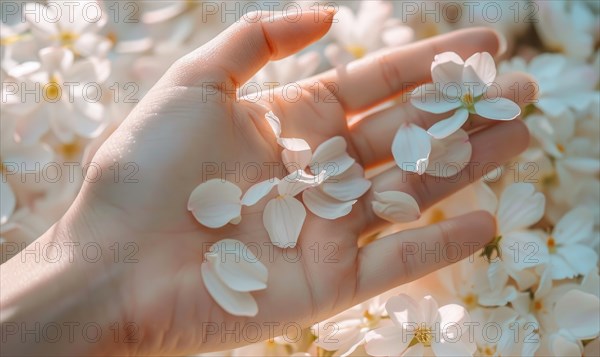 Close-up of a woman's hand with a neutral manicure, adorned with delicate flower petals AI generated