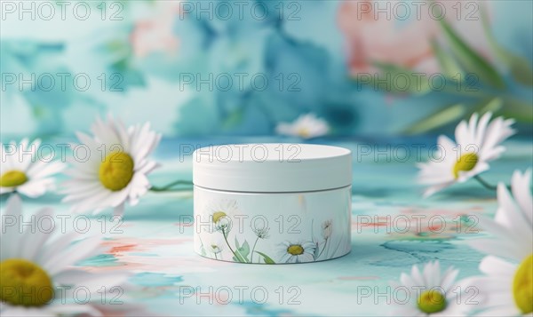 Cosmetic jar blank mockup placed on a serene watercolor chamomile background AI generated