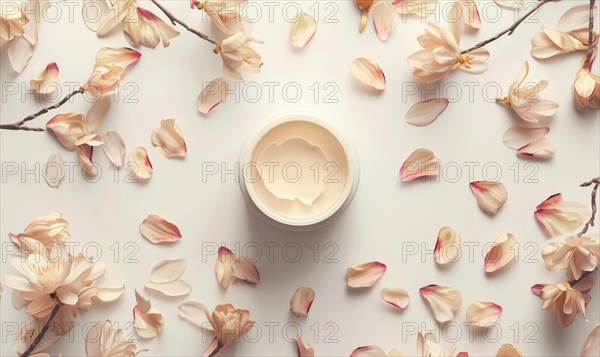 Creme jar blank mockup surrounded by delicate flower petals AI generated