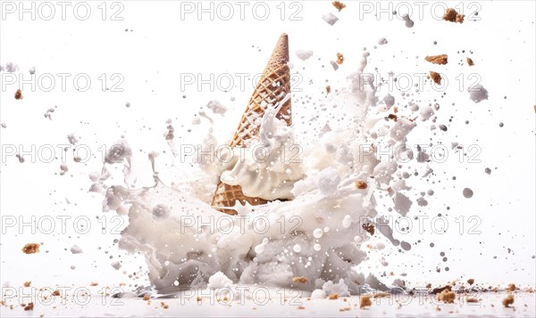 Ice cream cone explosion on white background AI generated