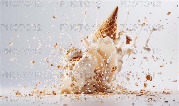 Ice cream cone explosion on white background AI generated