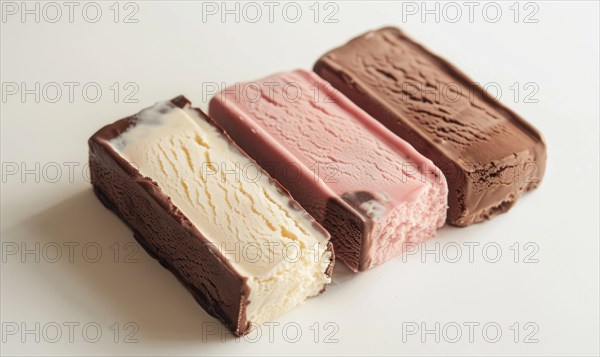 Three-color ice cream slices on white background AI generated