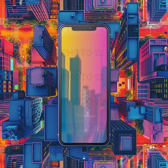 Smartphone mockup with a blank screen on a vibrant cityscape background AI generated