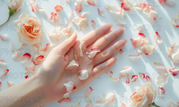 Woman's hand on white background with flower petals around AI generated