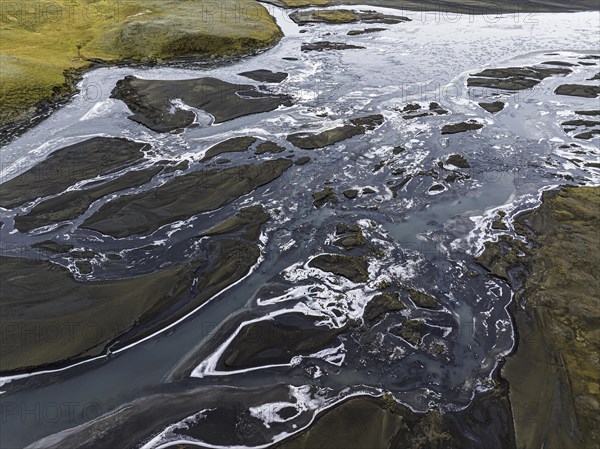 Overgrown river landscape, Fjallabak Nature Reserve, drone shot, Sudurland, Iceland, Europe