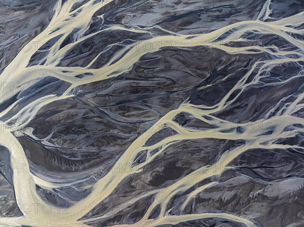 Overgrown river landscape, drone shot, Sudurland, Iceland, Europe