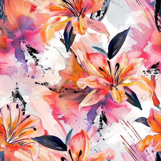 Seamless watercolor pattern with bold lily flowers and abstract strokes AI generated