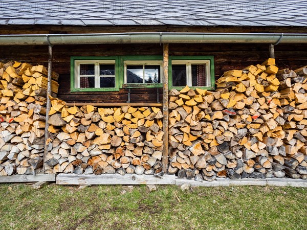 Stacked firewood in front of a hut, Jassing, Styria, Austria, Europe