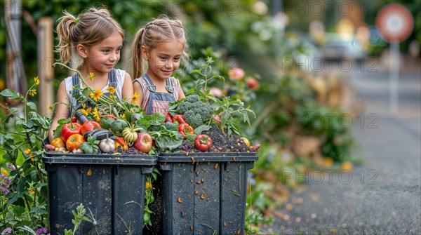 Twin girls smile admiringly at a lush urban vegetable garden in waste containers, waste separation, reduction and recycling concept, AI generated