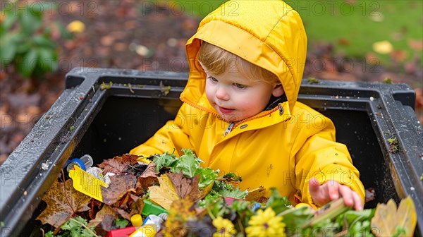 A caucasian child in a yellow raincoat plays with autumn leaves in a container, family waste separation, reduction and recycling concept, AI generated