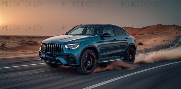 A luxury SUV speeding through a desert at dusk with motion effects, AI generated