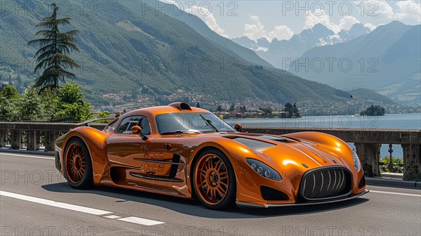 Luxury stunning orange supercar parked on a scenic lakeside road with mountain backdrop in northern Italy, AI generated