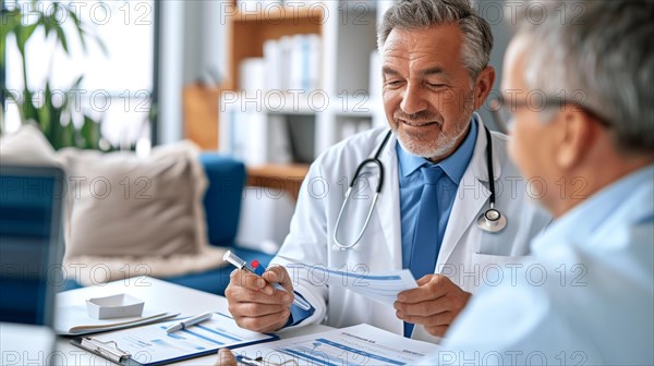 A doctor in professional attire is discussing health information with a patient in a medical office, AI generated