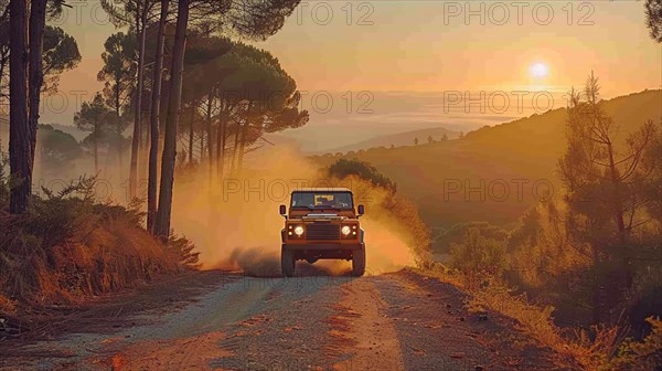 An SUV driving on a dusty road through a forest with the warm glow of the sunrise in the background, AI generated
