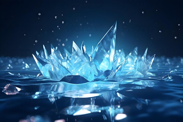 3d digital render capturing ice crystals in the midst of melting into a pool of water symbolizing global warmth, AI generated