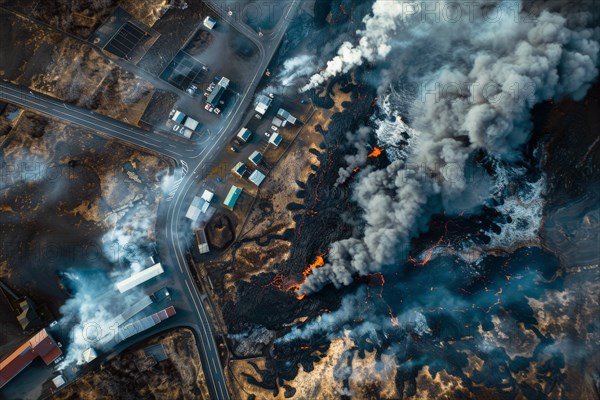 Drone image, aerial image, of a lava flow entering a settlement area after a volcanic eruption and destroying the infrastructure, symbolic image for natural disasters, AI generated, AI generated, AI generated