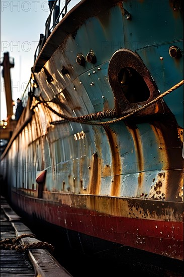 Close up ships hull under repair in seaport dry dock, AI generated