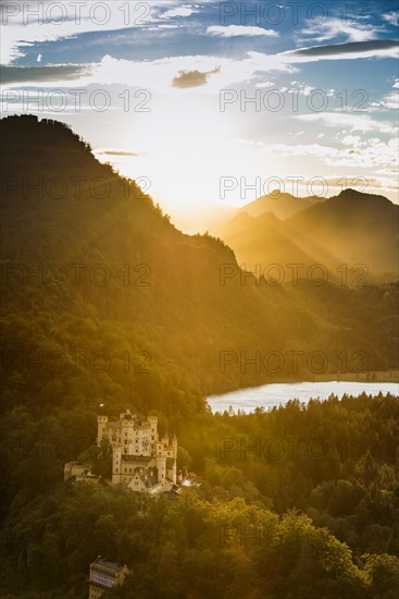 Hohenschwangau Castle, foehn storm, sunset, near Fuessen, Ostallgaeu, Allgaeu, Bavaria, Germany, Europe