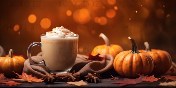 Pupkin spice latte in glass with ingredients and pumpkins. KI generiert, generiert, AI generated