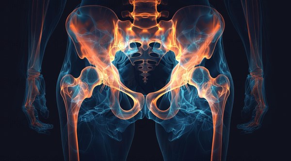 Digital representation of human pelvic bones with a blue and orange glowing effect, ai generated, AI generated