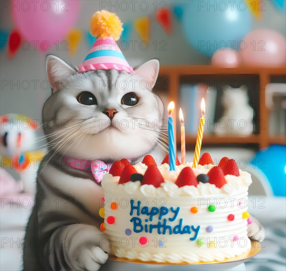 A cat wishes a happy birthday with a birthday cake with candles, symbolic image celebration, party, birthday, candy, cake AI generated, AI generated