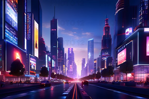 Cityscape at dusk with smart lighting systems adorn towering facades with digital billboards, AI generated