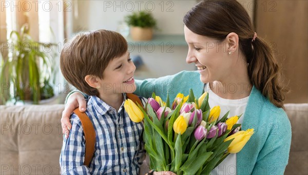 Mother with green cardigan smiles at her son with school backpack, who hands her tulips, AI generated, AI generated