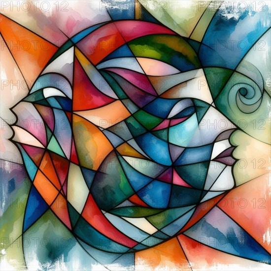 Colorful abstract cubist painting with geometric human and animal shapes and vibrant tones, square aspect, AI generated
