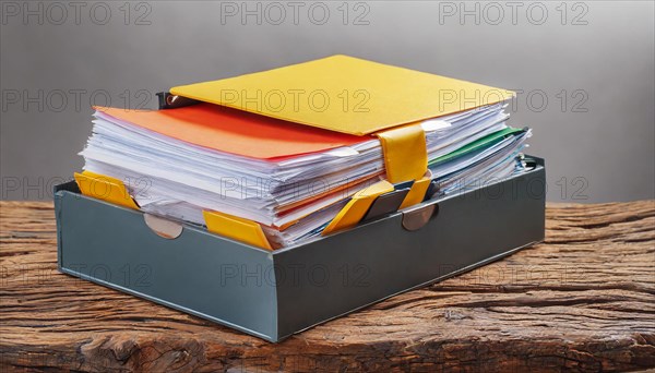 Stacked folders filled with papers on a wooden background, symbol bureaucracy, AI generated, AI generated