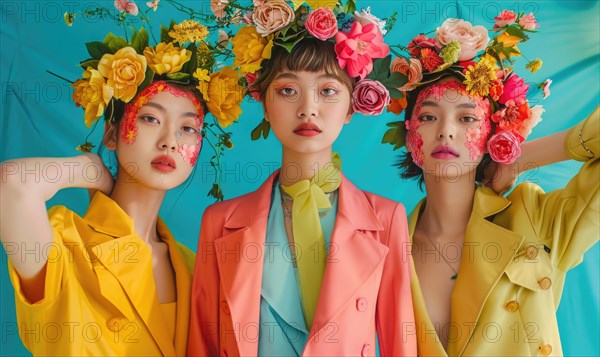 Three women posing with vibrant floral headdresses against a blue backdrop AI generated