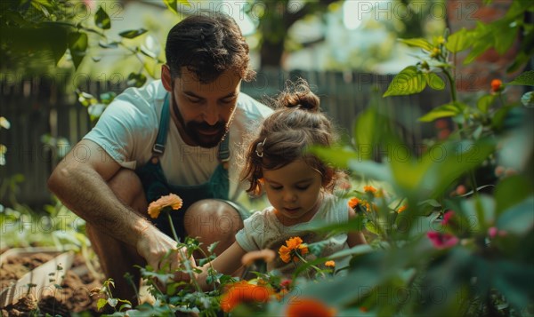 A father is teaching his young daughter gardening, illustrating family bonding in nature AI generated