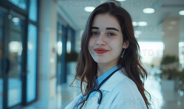 Confident young woman in a white coat with a stethoscope, smiling in a healthcare environment AI generated