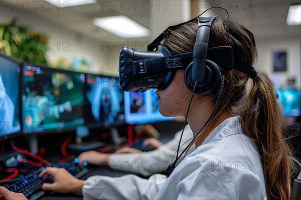Female gamer deeply immersed in virtual reality with headset and multiple screens, AI generated