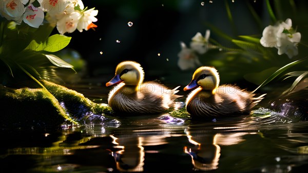 Duck family navigating across a vibrant stream bordered with abundant blossoms, AI generated