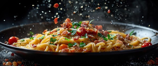 Steaming pasta with tomato and basil on a dark background, capturing the dynamic sprinkle of spices, AI generated