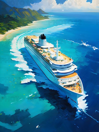 Digital painting of aerial view featuring a cruise ship slicing through the caribbean sea, AI generated