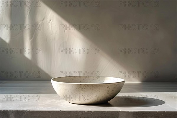 A minimalist composition featuring an empty beige bowl with soft shadows, AI generated